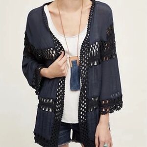 Anthropologie Evelyn K Esplanade Kimono/Beach Coverup Blue Crochet